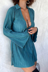Pleated Lapel Mini Dress With Low Cut Dark Green / L Dresses