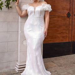 Plus Size Dress Puff Sleeve Sequin Stitching Cocktail Party Tube Top Dress