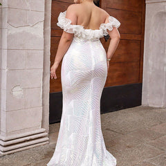 Plus Size Dress Puff Sleeve Sequin Stitching Cocktail Party Tube Top Dress