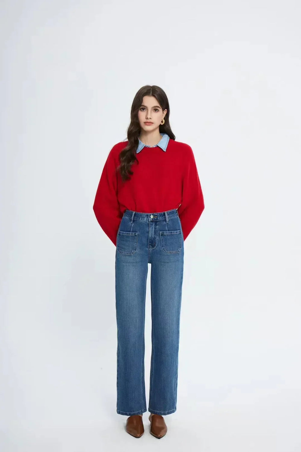 Pockets Women Temperament High Waist Straight Denim Pant Females Vintage Simple Streetwear Washed