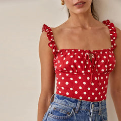 Polka Dot Square Neck Tie Sleeveless Frill Strap Smocked Fitted Sexy Crop Top RED / S croptop-250126