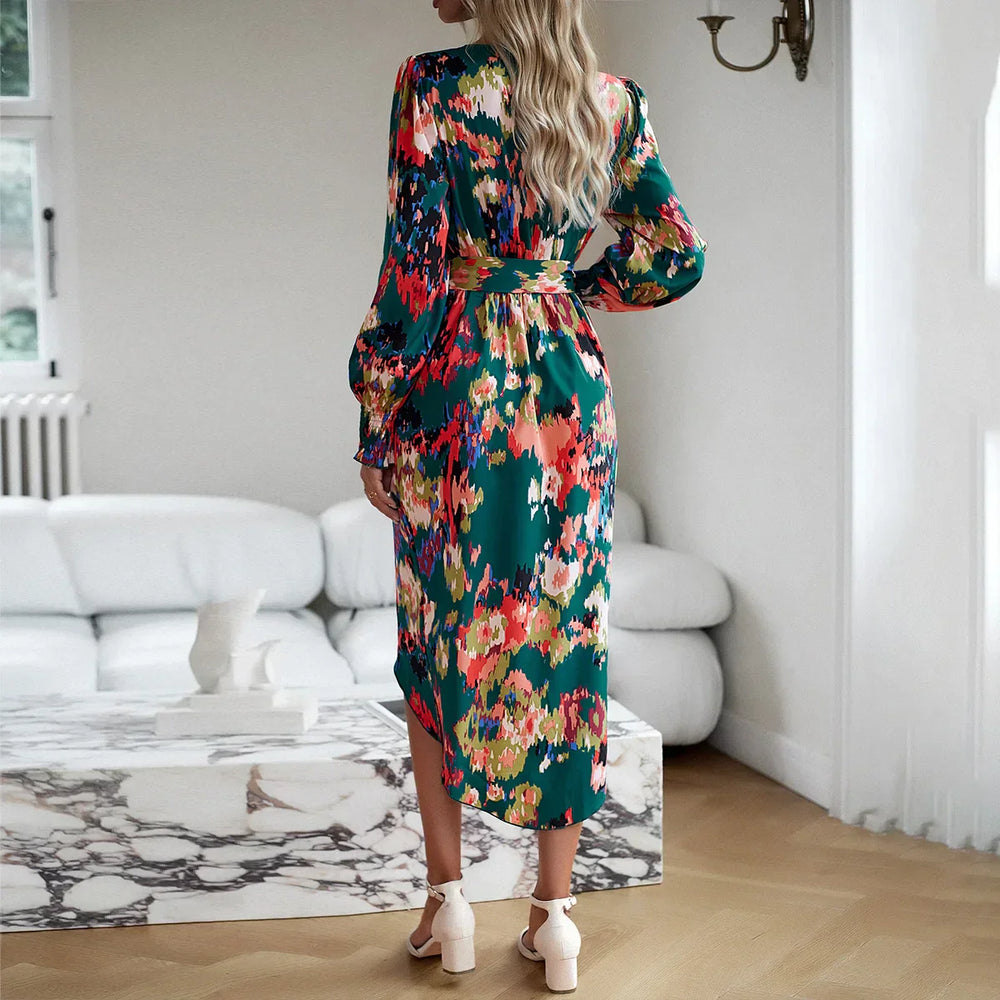 Elegant V-neck Long Boho Printed Dress bohodress-250126