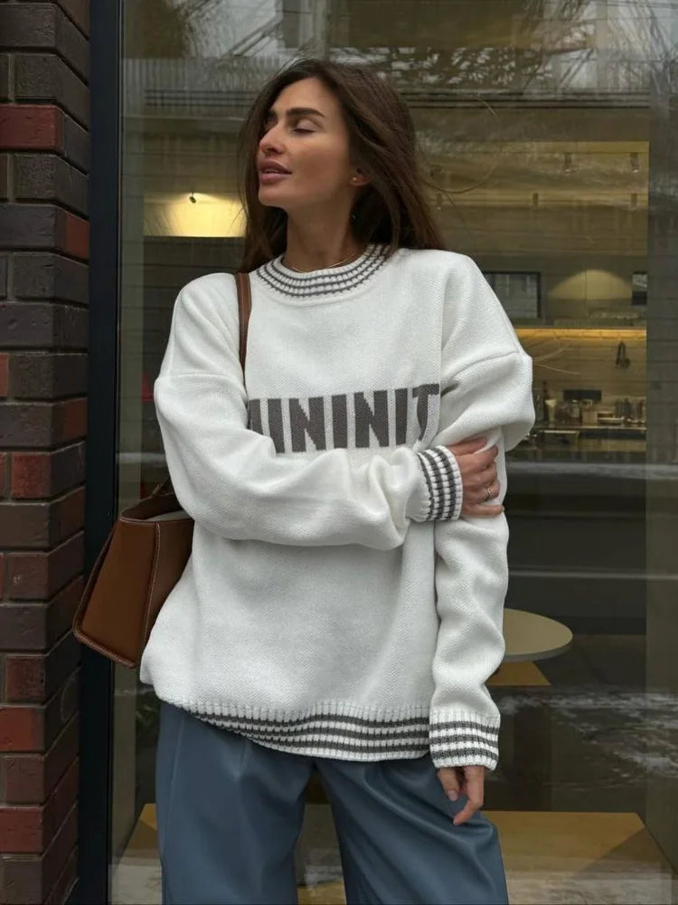 Printed Striped Cozy Stylish Loose Round Neck Comfortable Trendy Autumn Sweater Sweaters-L