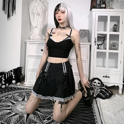 Dark Bust Korean Contrast Lace Gothic Black Wind Fashion Goth Pleated Lolita Harajuku Skirt