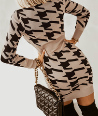 Elegant V Neck Print High Waist Long Sleeve Mini Dress For Women S / Blue Dresses
