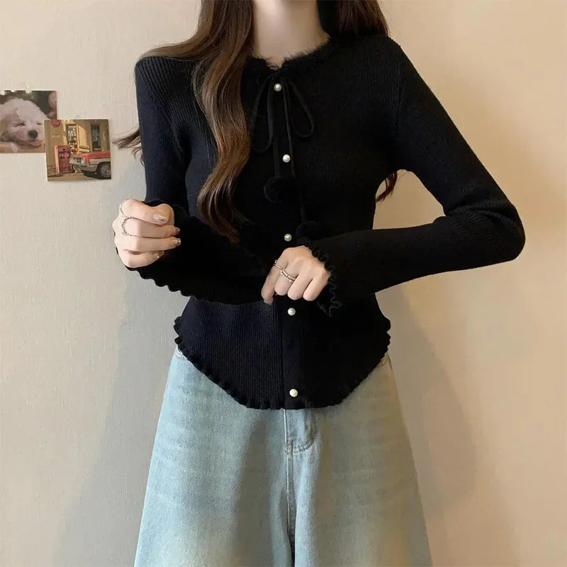 Red Christmas Solid Bow Drawstring Elegant Slim O-Neck Warm Sweater Sweaters-L