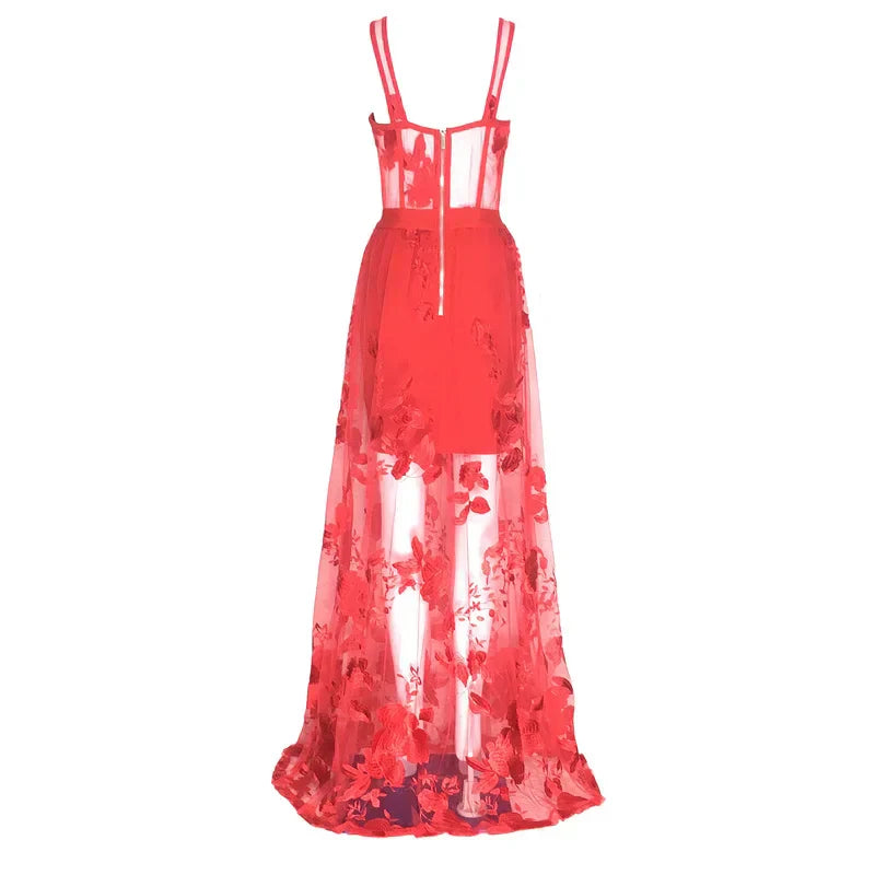 Red Color Celebrity Fashion Sleeveless Sexy Backless Lace Long Dress Christmas Party Dresses-L