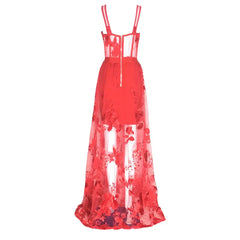 Red Color Celebrity Fashion Sleeveless Sexy Backless Lace Long Dress Christmas Party Dresses-L