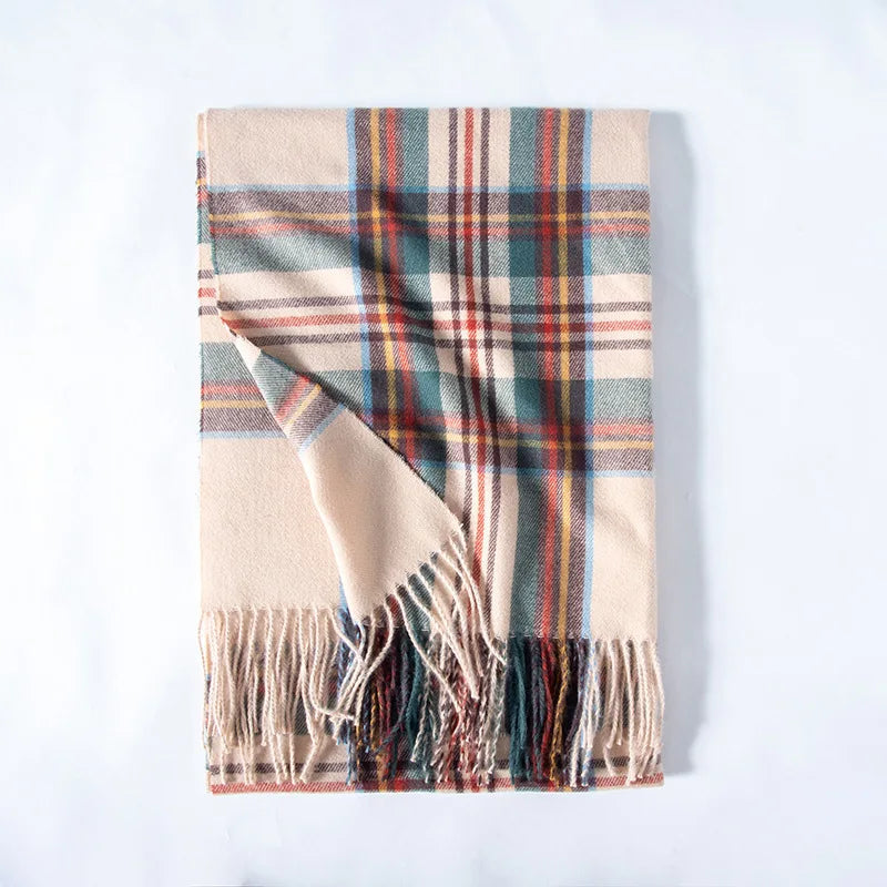 Red Plaid Cashmere Korean Style Fashion Warmer Hijab Pashmina Scarf For Women Beige 2 Scarfs-L