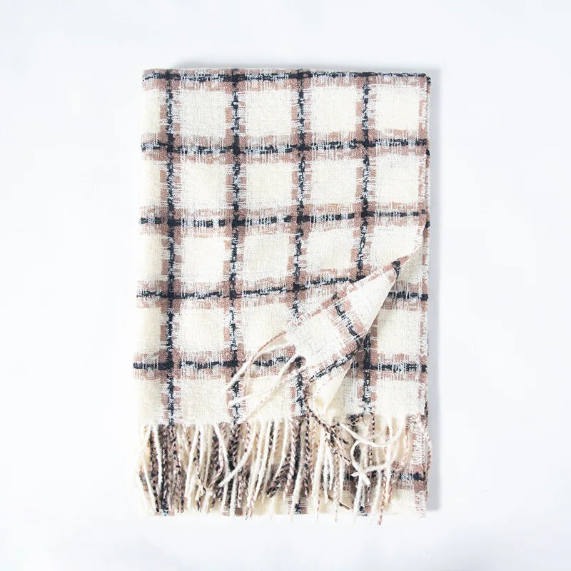 Red Plaid Cashmere Korean Style Fashion Warmer Hijab Pashmina Scarf For Women White Scarfs-L