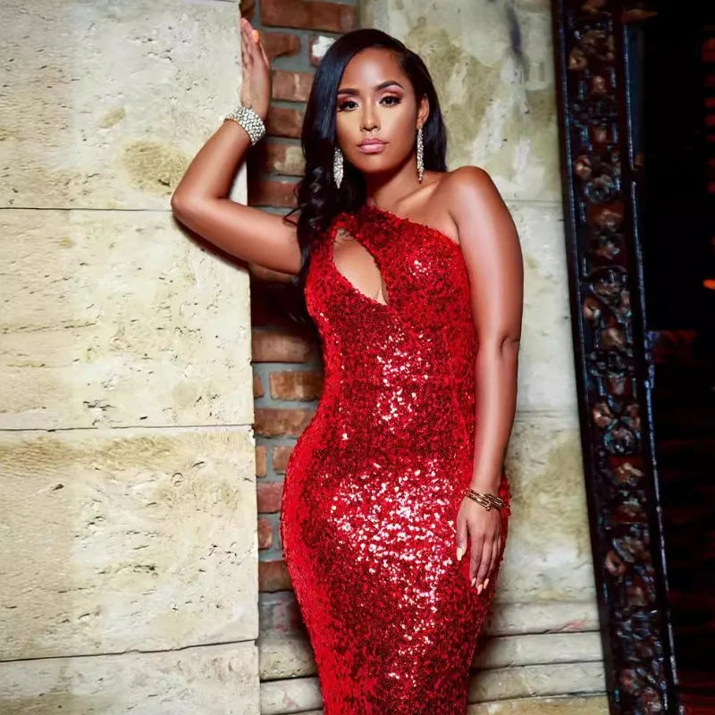 Red Sequins Bodycon Maxi Evening Party Dresses Sexy Hollow One Christmas Dress Dresses-L