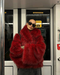 Red Fluffy Faux Fur Turn-Down Coat / S Coats-241208