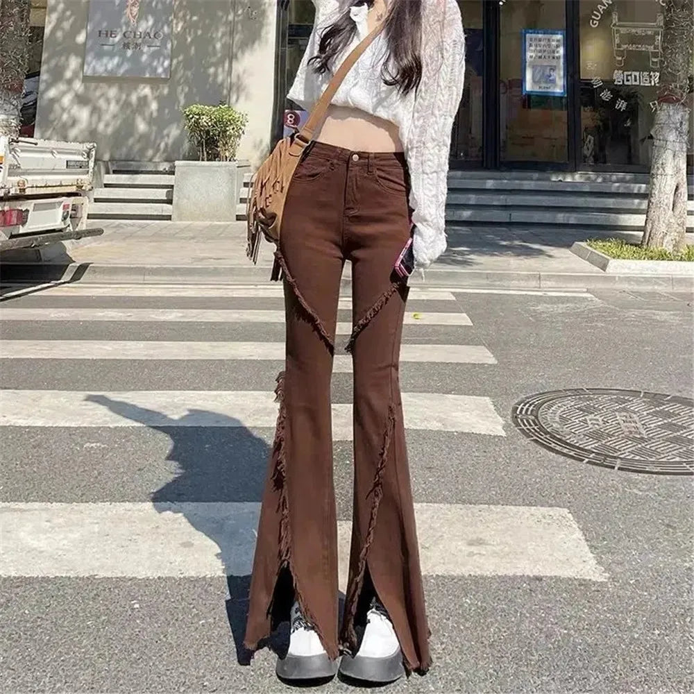 Split Tassels Solid High Waist Slim Elastic Brown Jean