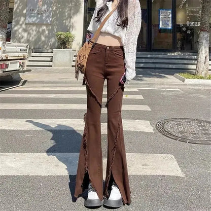 Split Tassels Solid High Waist Slim Elastic Brown Jean