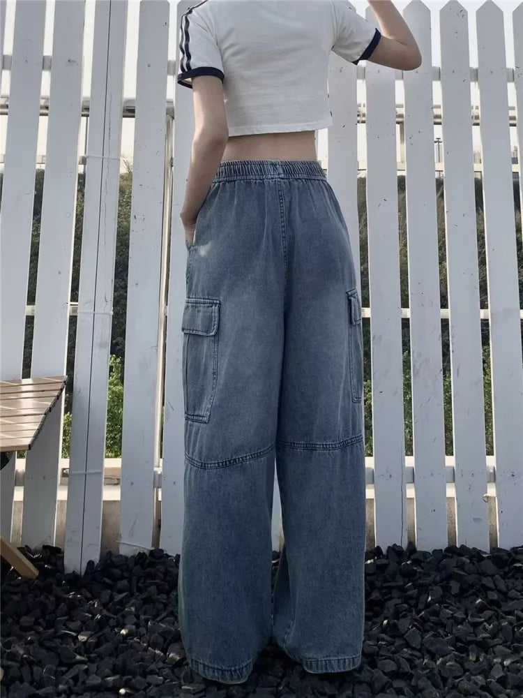Retro Style Loose Multi Pocket Wide Leg Graffiti High Waist Straight Women’s Jean