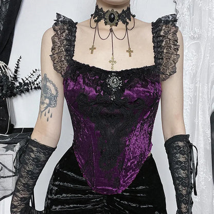 Gothic Ruched Lace Tube Victorian Crop Bustier Punk Patchwork Top