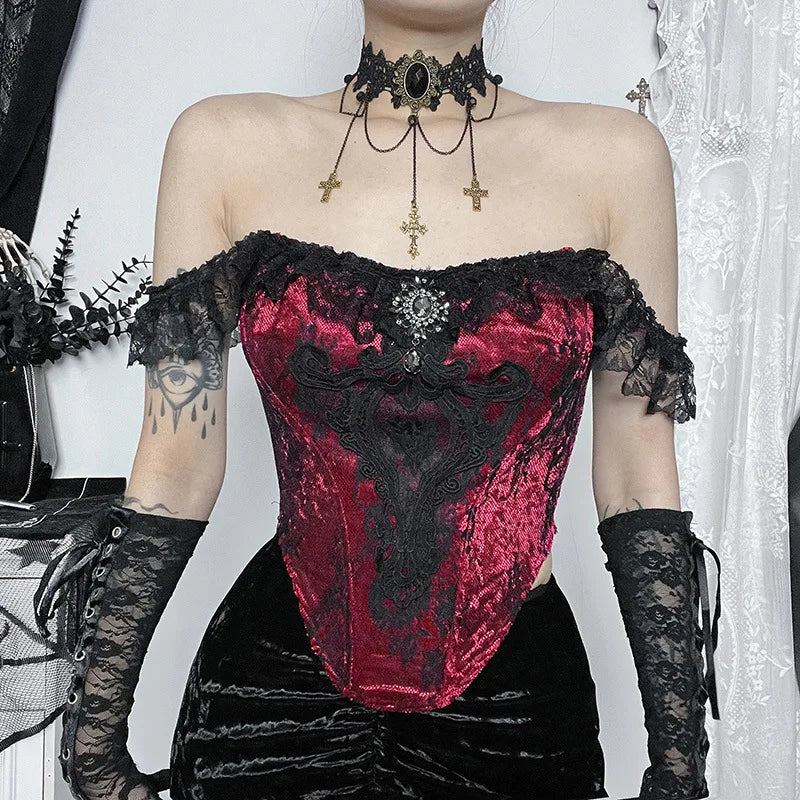 Gothic Ruched Lace Tube Victorian Crop Bustier Punk Patchwork Top