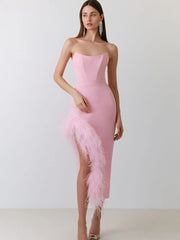 Feather Strapless Midi Dress