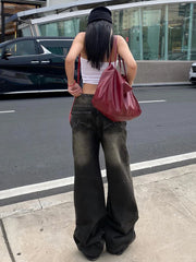 Streetwear Women'S Jeans Harajuku Cargo Pants Y2K Casual Denim Distressed Straight Wide Leg Trousers Female Korean 2024