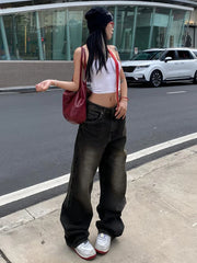 Streetwear Women'S Jeans Harajuku Cargo Pants Y2K Casual Denim Distressed Straight Wide Leg Trousers Female Korean 2024