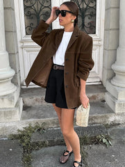 Women Autumn And Winter Suede Single-breasted Blazer Female Chic High Street Fashion Casual Lapel Long Sleeve Coat Mujer