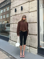 Retro Brown Suede Short Jacket Elegant Women Stand Collar Full Sleeves Single Breasteds Loose Coats Autumn Chic Lady Street Wear