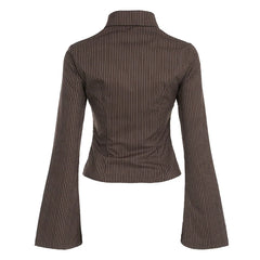 Vintage Brown Striped Blouse Women Fashion High Street Fitted Tee Shirt 2000s Casual Button Top Ladies Fall Outfits