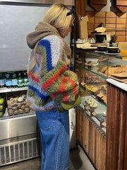 Casual Knitted Colorful Stripes Sweater Women Fashion O Neck Puff Long Sleeves Short Pullover Autumn Lady High Street Jumper