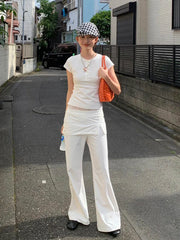 Women Lace Patch Strap Bootcut Pants white