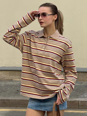 Spring Summer New Women's Retro Striped Polo Collar Oversized Long Sleeve T - Shirt Trendy Casual Loose Basic Top