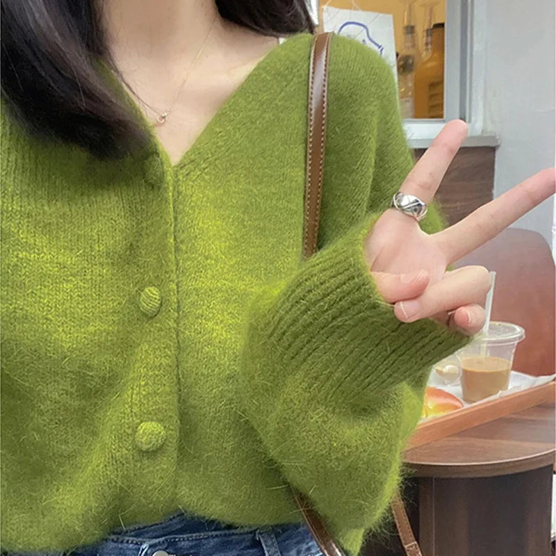 Green V-Neck Long Sleeve Single Breasted Knit Cardigan cardiagn-250126