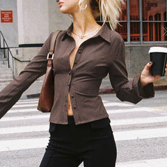 Vintage Brown Striped Blouse Women Fashion High Street Fitted Tee Shirt 2000s Casual Button Top Ladies Fall Outfits