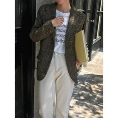 Vintage Wool Blends Coats Women Plaid Woolen Jacket Elegant Commute Blazer Korean Long Sleeve Outerwears Winter Ladies Overcoat