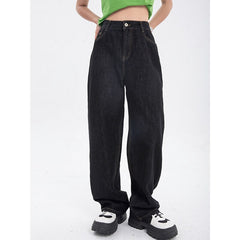 Leg High For Vintage Black Jean Straight Pants Trouser Wide Waist Denim - Women