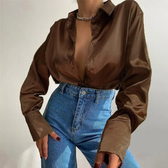 Button Up Satin Long Sleeve White Blouse Brown / S blouse-250223