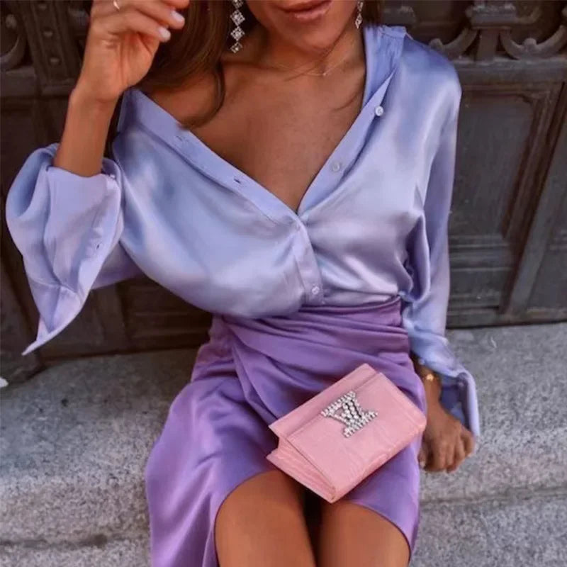 Button Up Satin Long Sleeve White Blouse PURPLE / S blouse-250223