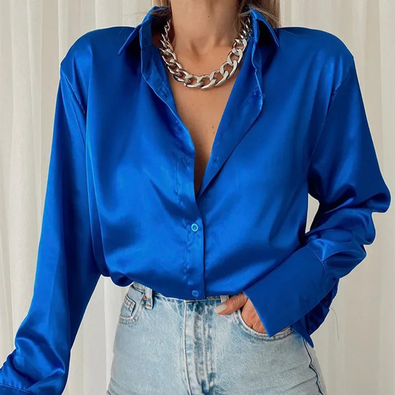 Button Up Satin Long Sleeve White Blouse blouse-250223