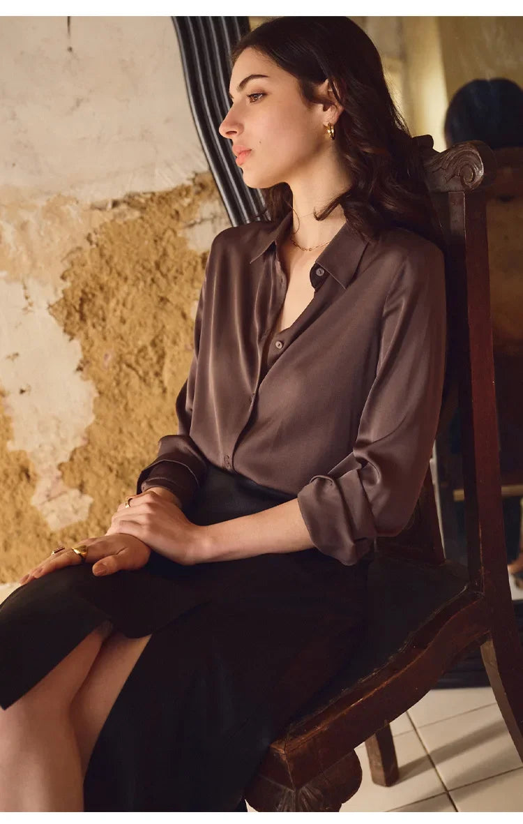 Satin Solid Long Sleeve Polo Neck Blouse Drak Coffee / S blouse-250223