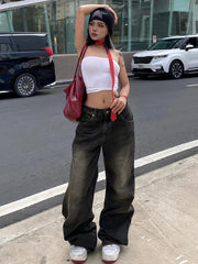 Streetwear Women'S Jeans Harajuku Cargo Pants Y2K Casual Denim Distressed Straight Wide Leg Trousers Female Korean 2024