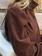 Retro Brown Suede Short Jacket Elegant Women Stand Collar Full Sleeves Single Breasteds Loose Coats Autumn Chic Lady Street Wear