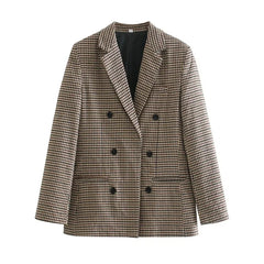 British Style Retro Plaid Blazer Suit Women Simple Mid Length Double Breasted Casual Office Blazers Lady Work Commute Suit