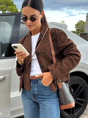 Retro Suede Female Blazer Jacket Chic Lapel Single Breasted Long Sleeve Lady Short Coat Autumn Winter Pockets Lady Outwear