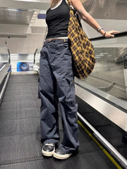 American Retro Multi Pocket Jeans for Women Y2k High Waist Loose Wide Leg Pants Early Autumn New Straight Trousers