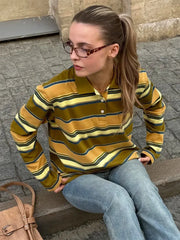 Spring Summer New Women's Retro Striped Polo Collar Oversized Long Sleeve T - Shirt Trendy Casual Loose Basic Top