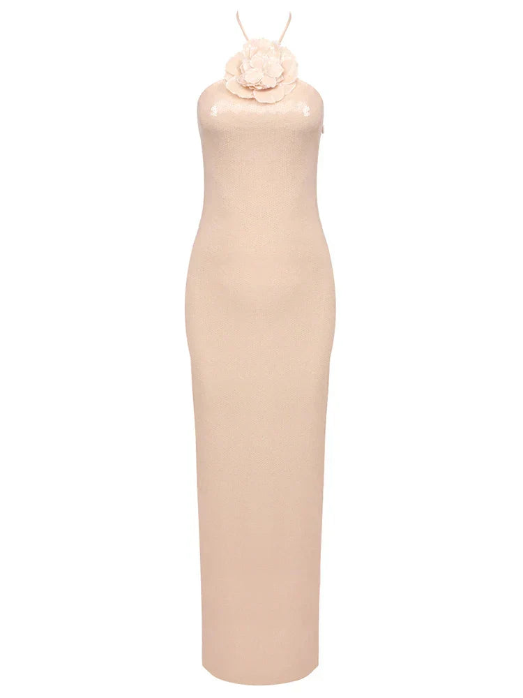 Sexy Halter 3D Flowers Sequins Long Dress Sleeveless Backless Christmas Party Apricot / Xs Dresses-L
