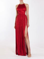 Sexy Halter Neck Chain Pleated High Split Long Dress Backless Christmas Party Dresses-L