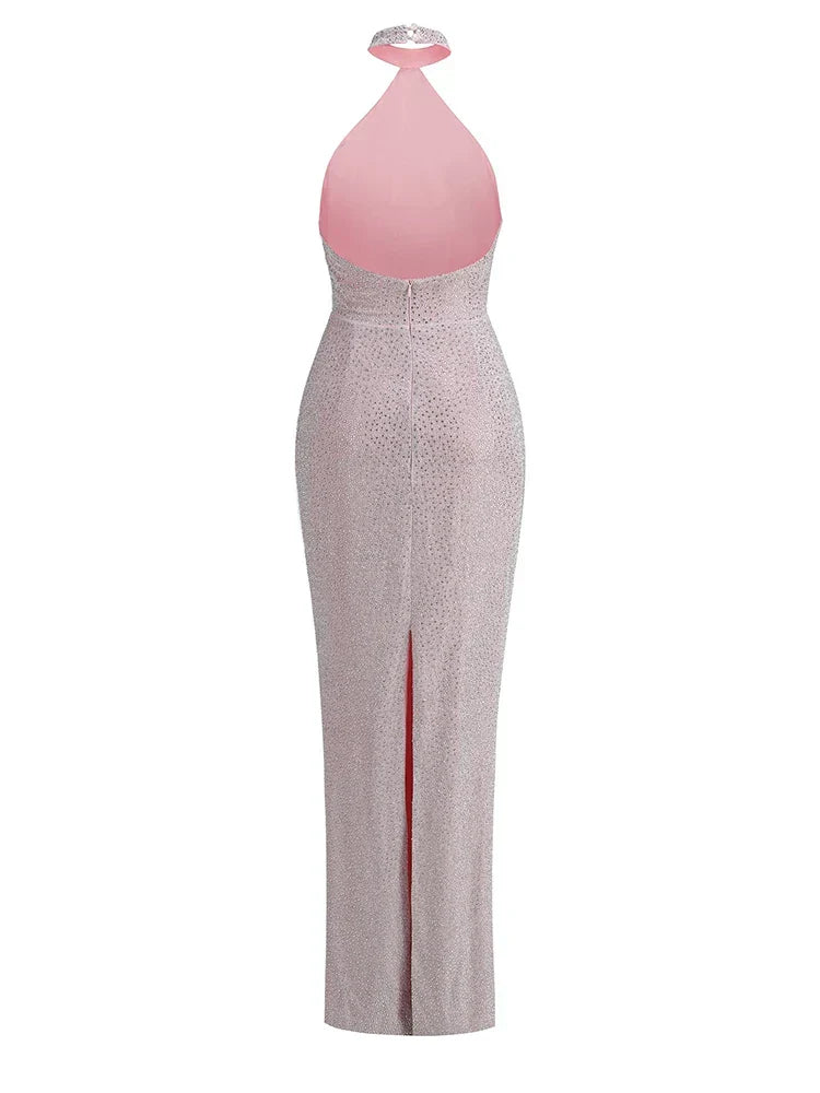 Sexy Halter Neck Shiny Diamonds Bow Maxi Dress Backless Christmas Party Dresses-L