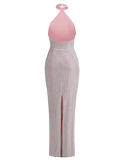 Sexy Halter Neck Shiny Diamonds Bow Maxi Dress Backless Christmas Party Dresses-L