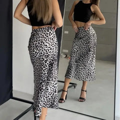 Sexy Leopard Print Long Vintage Satin Skirt