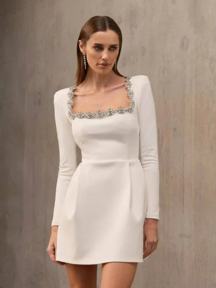 Sexy Long Sleeves Square Collar Crystal A-Line Slim Dress Elegant Christmas Party Dresses-L